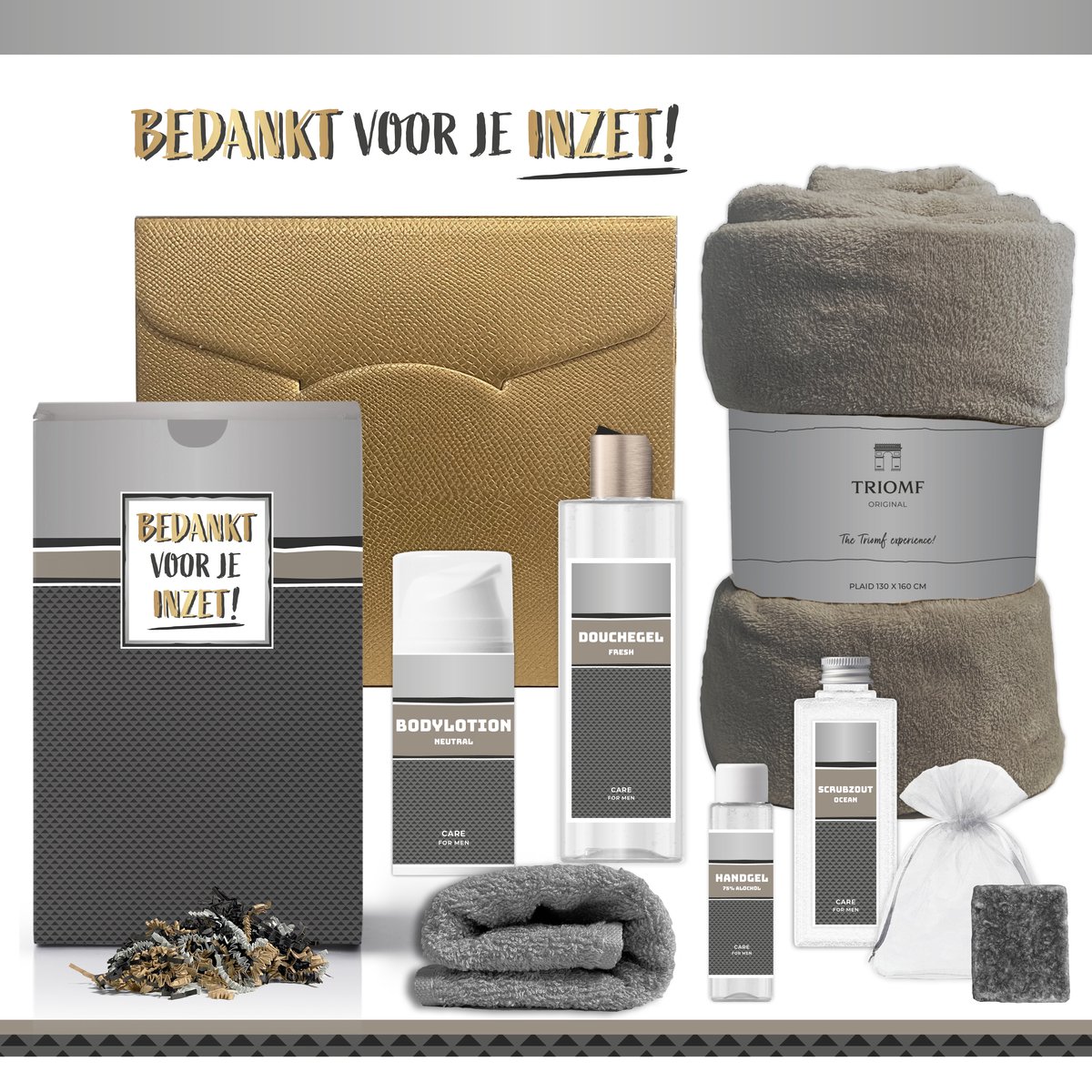 Goedkoopste Geschenkset “Bedankt voor je inzet!” - 7 producten - 1410 gram | Luxe Cadeaubox voor hem - Wellness Pakket man - Giftset Kerstpakket - Cadeaupakket - Gift Set Kerst - Relatiegeschenk Collega Werknemer Vrijwilliger Zorgwerker Coach Cadeau Goud Zilver