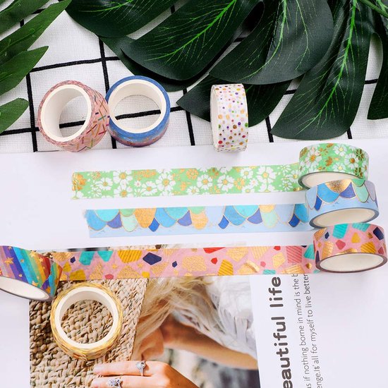 Washi Tape Set 12 Rollen - Decoratieve Plakband Goudfolie Bloemen Voor Scrapbooking & DIY