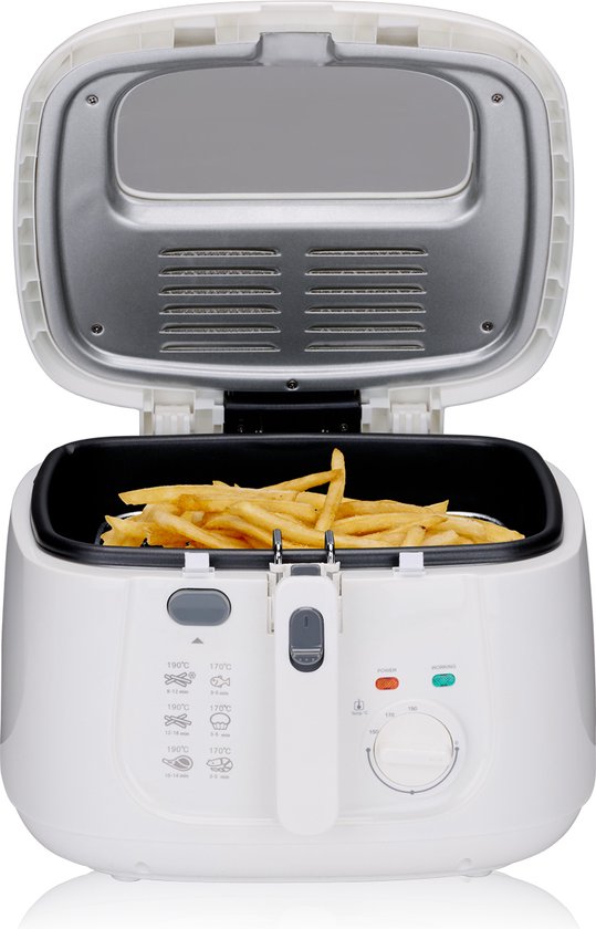 alpina Frituurpan 2.5L - Friteuse met instelbare Thermostaat - Frituur met Kijkvenster en Uitneembare Mand - Frietpan 1800W - Inklapbaar Handvat - Wit