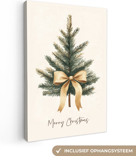 Canvas schilderij 80x120 cm - Wanddecoratie Kerstboom - Kerst - Merry Christmas - Beige - Muurdecoratie woonkamer - Slaapkamer decoratie - Kamer accessoires - Schilderijen op canvas - Kerstdecoratie voor binnen - Kerstversiering - Kerstmis versiering