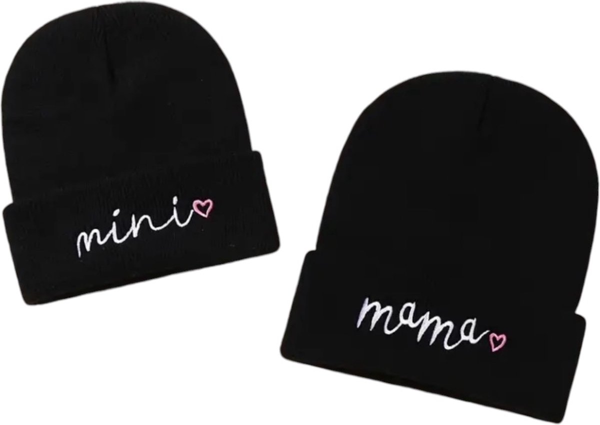 Ultiluxe® Zachte mama en mini muts - Zwart - Schattige winter set voor moeder en kind - Roze geborduurd - Winterset voor volwassenen en kleine kinderen - Warme winter beanie - Moeders en meisjes - Wintersetje