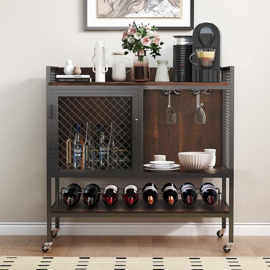DAWNYIELD Wijnkast dressoir 3-laags bartafel met wielen wijnrek glaswerk houders mesh deur industriële keuken opbergkast dranken opslag vitrine kast voor thuis bar (vintage
