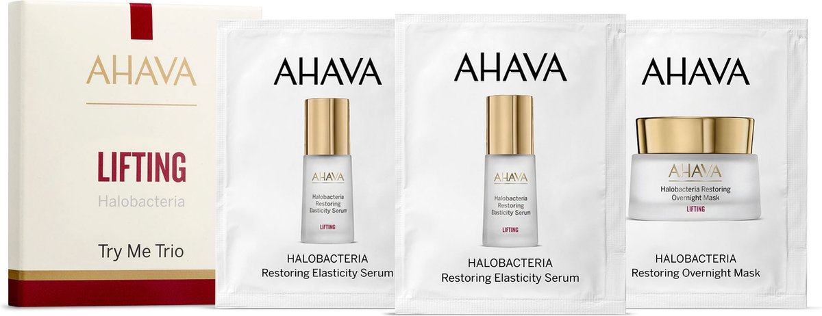 Goedkoopste AHAVA - Try me trio - Lifting Sachet Kit - bevat 1 Sachet Halob. Restoring Nutri-action Cream 3ml Sachet Halob.Restoring Elas. Serum 3ml Sachet Halob. Restoring Overnight Mask 3ml