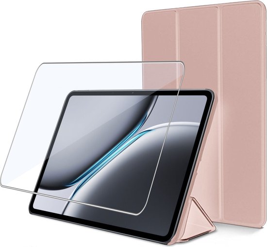 Étui rose doré pour Oppo Pad 3 Pro, avec protecteur d'écran. L'étui sert également de support.