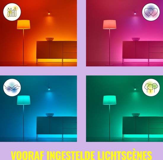Vier scènes met een staande lamp en commode, verlicht in oranje, roze, blauw en groen.