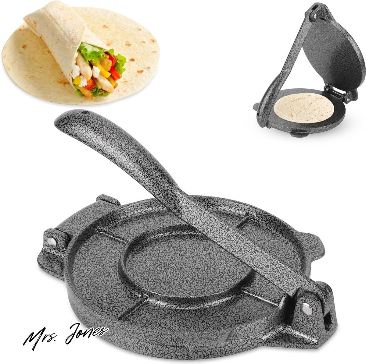 Mrs. Jones 6.5 inch Gietijzeren Tortilla Presser Maker Deegpersmachine met Opvouwbaar Handvat voor Thuis Keuken Grijs - Verse Tortillas Maker .