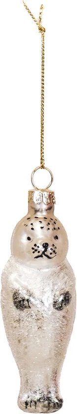 Housevitamin Kersthanger – Zeehond Kerstbal – Glas – Wit – 3,5x3,5x9,5 cm | Trendy & Grappig Ornament