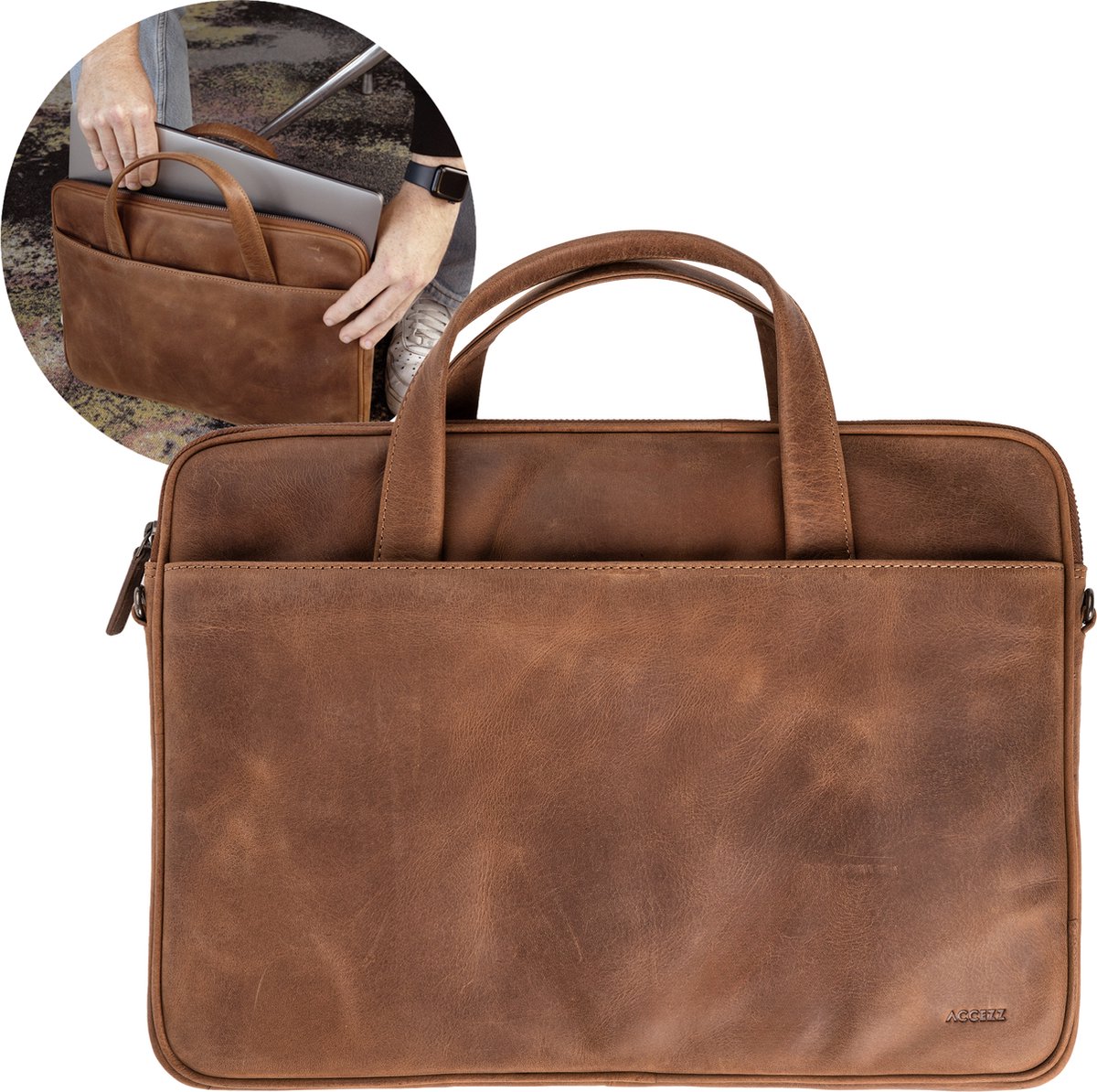 Accezz Leather Laptoptas 16 inch - Cognac