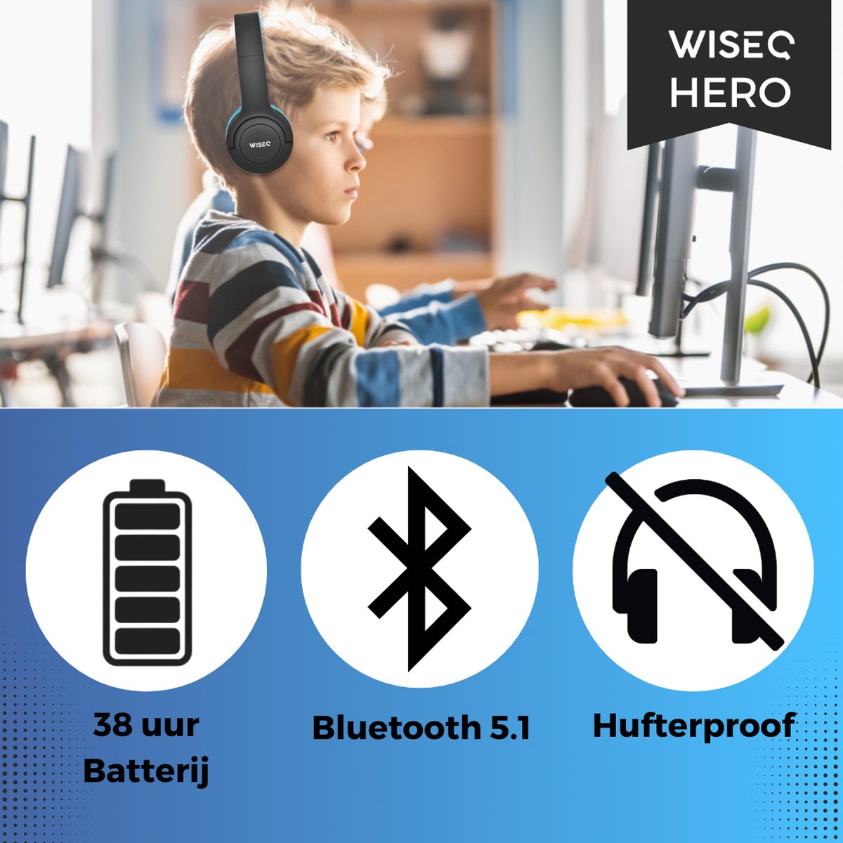 Afbeelding 3 van Kinderkoptelefoon Geluidsdempend Bluetooth Koptelefoon Kind met Volumebegrenzing - Microfoon - 38 uur Batterij - Zwart/Blauw - WiseQ Hero
