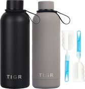 TIGR® Minimalist RVS Waterflessen 500ml met Afwasborstel en Haakje - 24 uur koud/12 uur warm - Duo Pack Zwart en Taupe