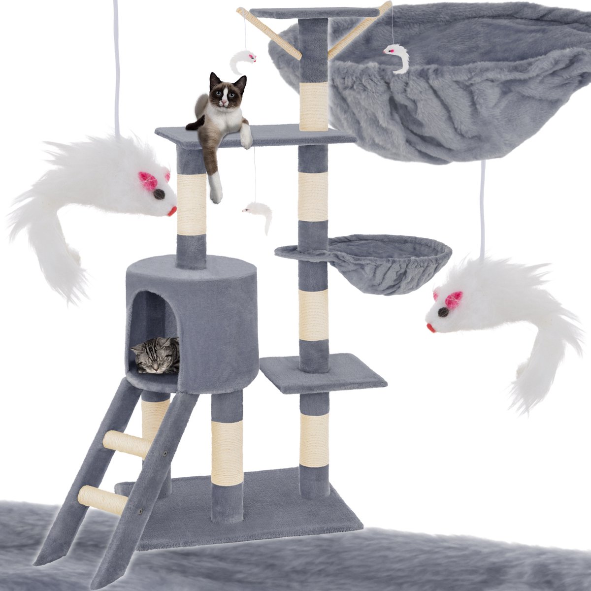 tectake Krabpaal voor Katten | Middelgrote Krabpaal met Sisalpalen, Grot en Trap | Kattenhuis 144 cm Hoog | Klimboom en Speelboom voor Katten - Grijs