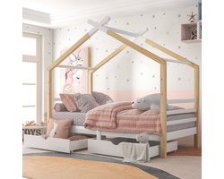 Gutent Kinderbed, Wit + Houtkleur (Zonder matras), met laden, Massief hout, met lattenbodem, grenen bed, huisstijl, kinder- en tienerkamer (90x200 cm)