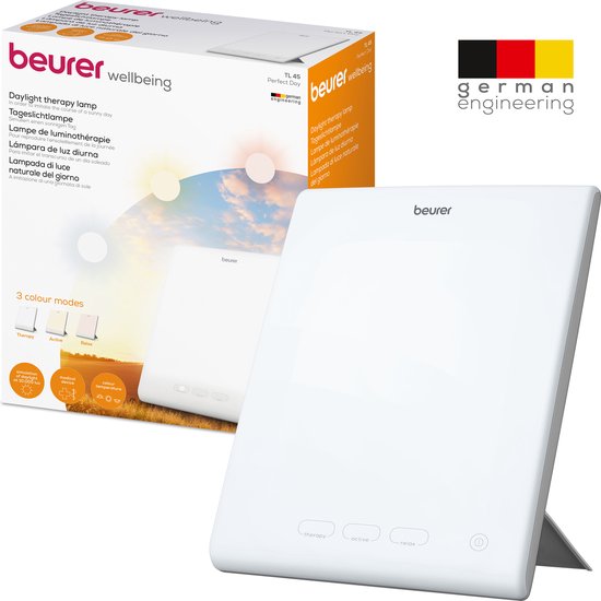 Beurer TL 45 Perfect Day Daglichtlamp – Lichttherapielamp 10.000 Lux – 3 Kleurtemperaturen (Therapie, Actief, Relax) – Natuurlijk Licht bij Winterdip – Compacte Daglichtlamp voor Thuis & Bureau – UV-vrij – Medisch Gecertificeerd – 3 Jaar Garantie
