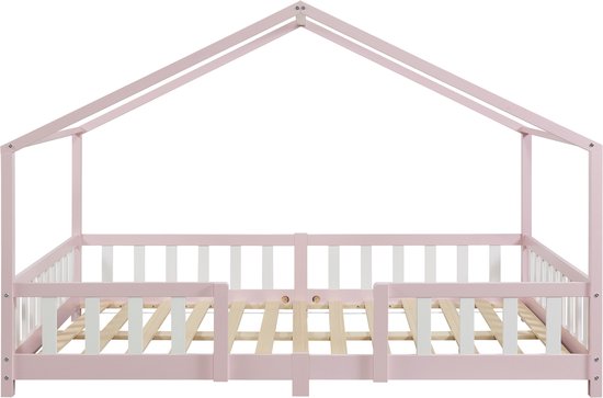 Frontaal aanzicht van een roze kinderhuisbedframe met witte spijlen en houten lattenbodem.