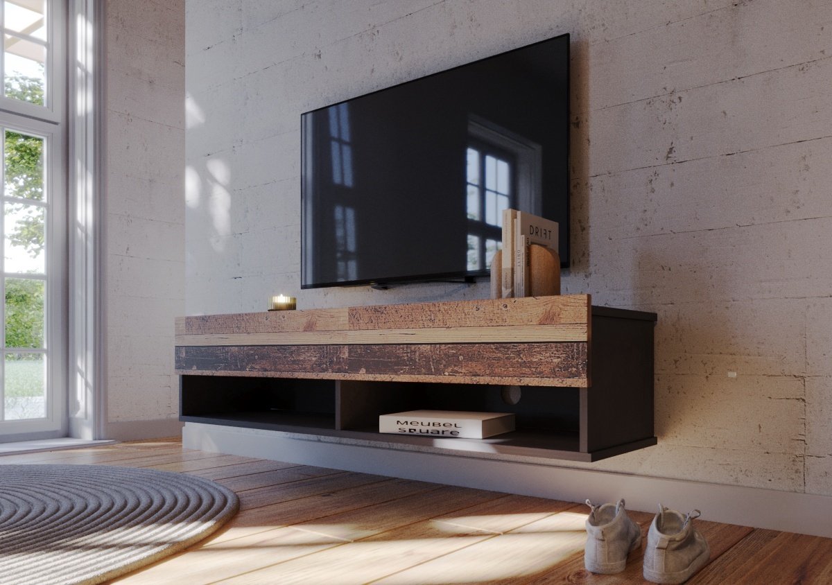 Meubel Square - TV meubel Nivo - Old Wood / Antraciet - 140cm - Hangend TV Kast