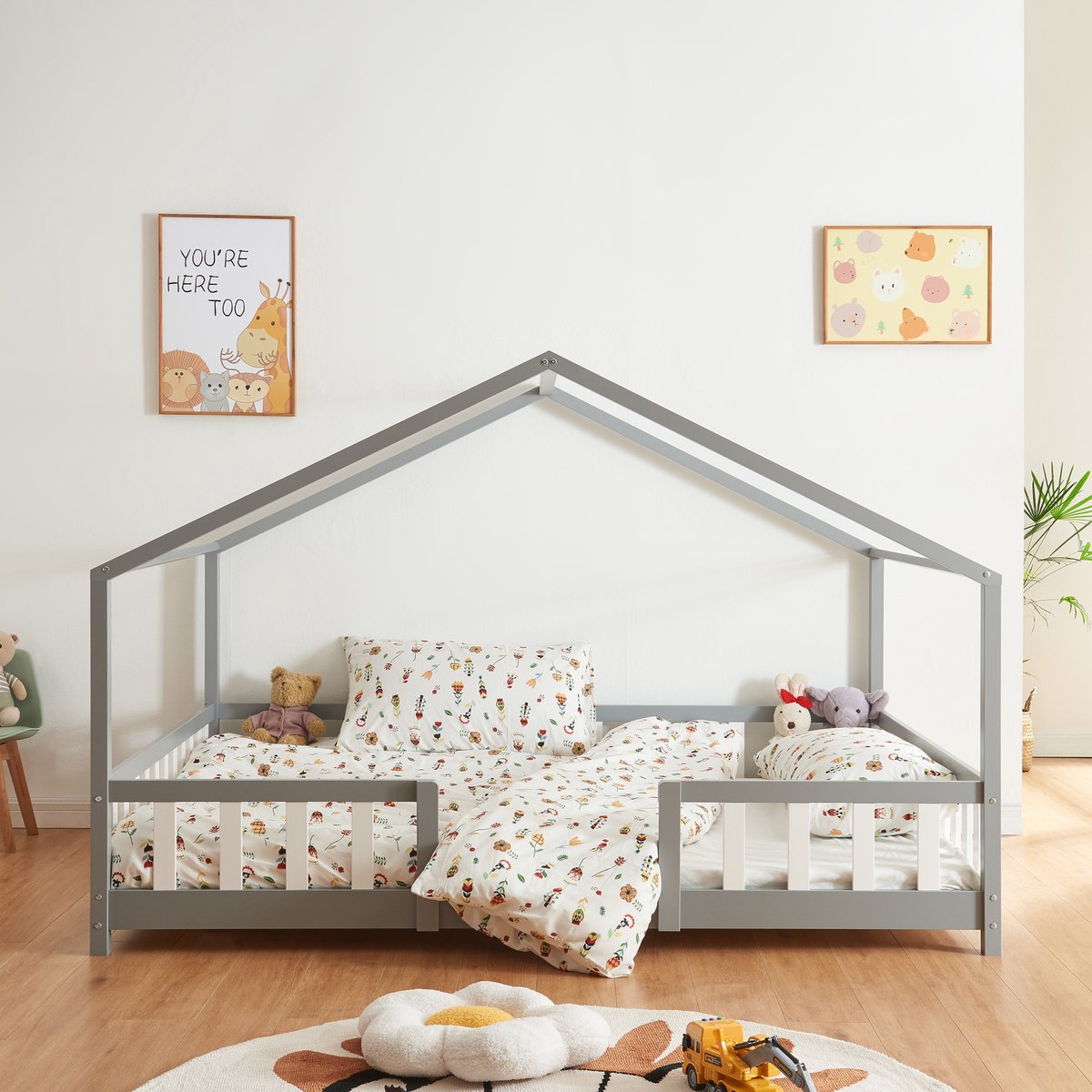 en.casa Kinderbed Treviolo met uitvalbeveiliging en matras 140x200 grijs [en.casa]