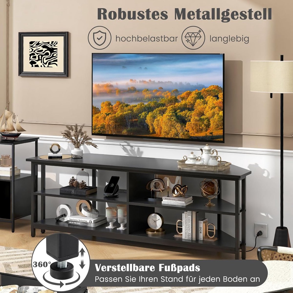 COSTWAY Hoek-tv-kast met laadstation, tv-lowboard met 4 open planken, tv- kast voor tv's tot 65 inch, televisietafel voor woonkamer, slaapkamer, 140 x 40 x 49,5 cm, wit