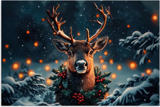 Poster 60x40 cm - Hert - Kerst - Winter - Sneeuw - Kerstkrans - Posters - Kamer decoratie - Wanddecoratie woonkamer - Kerstdecoratie voor binnen - Kerstversiering - Kerstmis versiering in huis - Kerstaccessoires