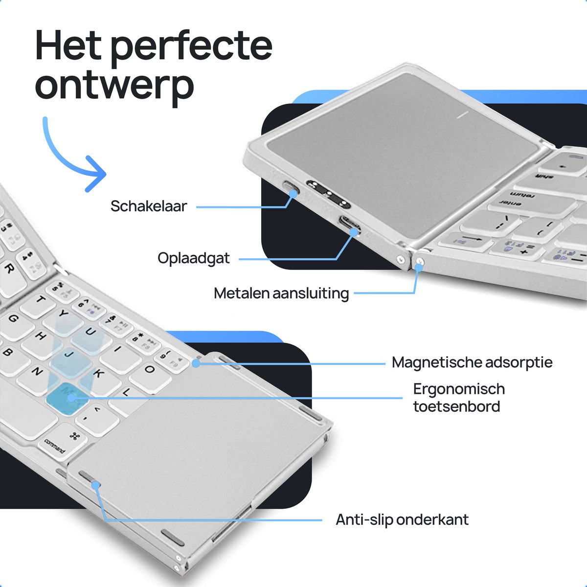 K&G® Opvouwbaar Toetsenbord - Groot Touchpad - Qwerty Toetsen - Oplaadbaar - Draadloos - Anti Slip Onderkant - Bluetooth - Foldable Keyboard - Licht Grijs thumbnail 3
