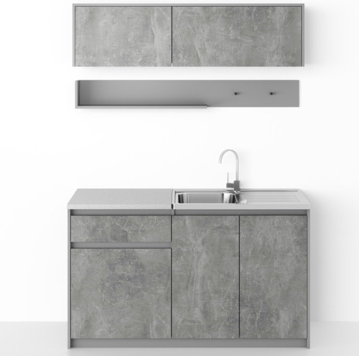 Keukenblok - Brina Kleine Keuken 140cm zonder apparatuur Betonlook ZA140BL - Gratis spoelbak & sifon - Mini keuken 140 cm - Kleine industriële keuken - Klein keukenblok - Klein Keukentje