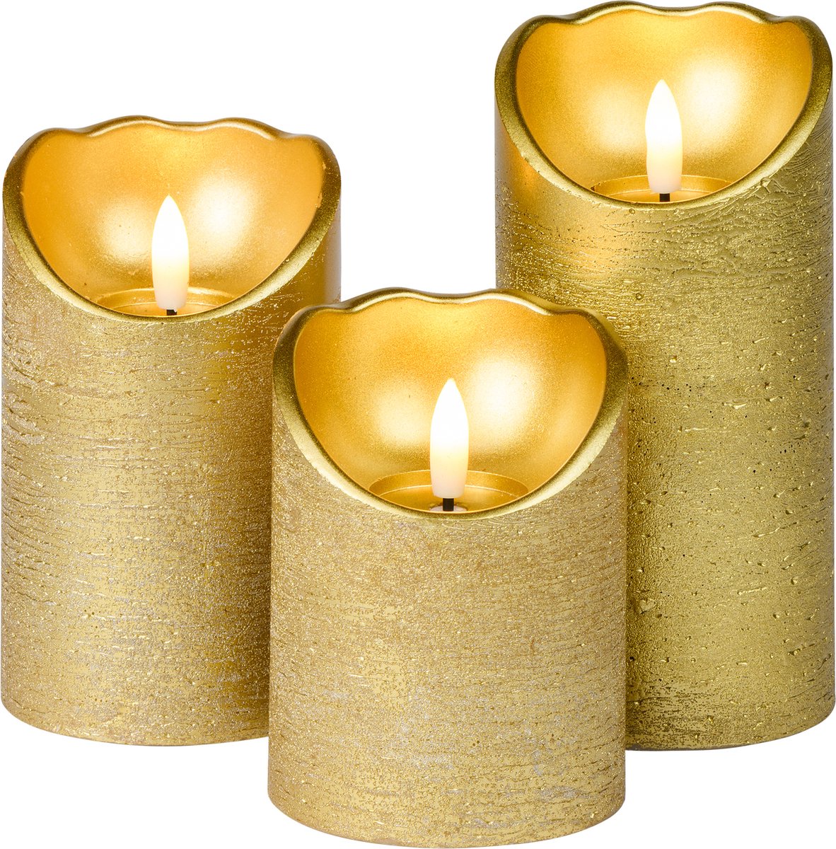 Meisterhome – 3 x Led Stompkaars - Goud – Stompkaars Echte wax - Led kaarsen - 10 / 12.5 / 15 cm Hoog - Met afstandsbediening – Timer 2/4/6/8 uur – Dimbaar