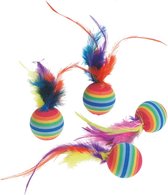 Flamingo - Kattenspeelgoed Rainbowballen Met Veer- Multicolor - 7 x 7 x 3 cm