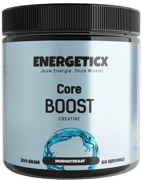 Zwarte pot Energeticx Core Boost Creatine, 300 gram, met blauwe water-splash-afbeelding.