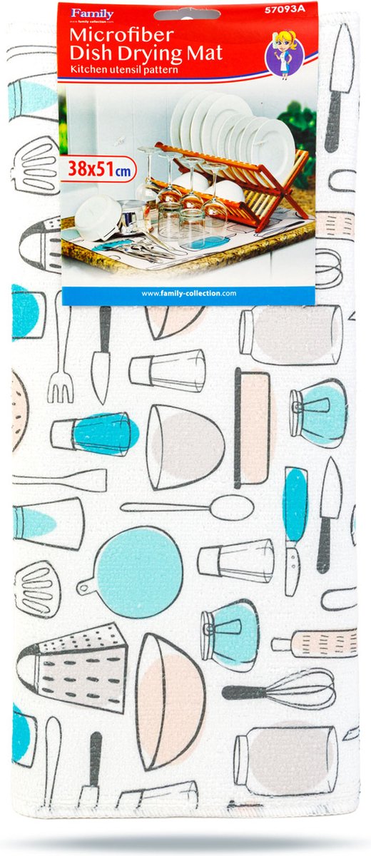 Goedkoopste Afdruipmat Afwas - Kookgerei Patroon - Microvezel - 38x51CM - Droogmat Vaat - Afdruip Mat - BPK