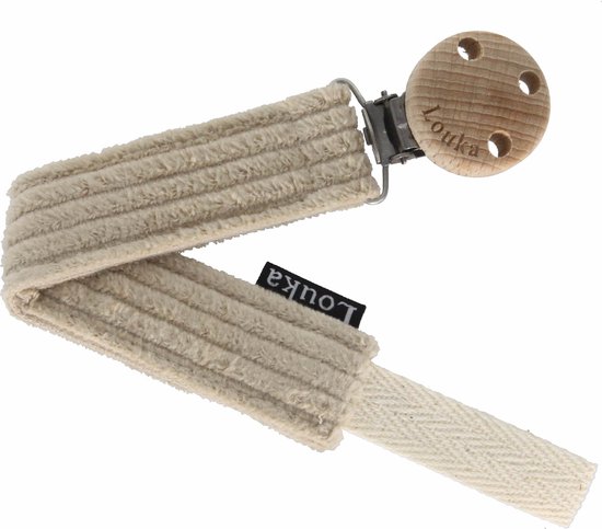Beige Louka speenkoord met brede ribstof en houten speenclip.