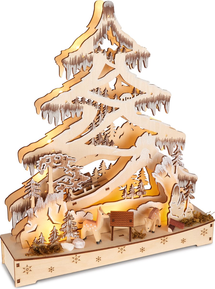 BRUBAKER 3D-lichtboog, led-lichtboog, dennenboom, bos, kerstverlichting van natuurlijk hout, 34 x 28 x 9 cm, handbeschilderde figuren, kerstdecoratie voor tafel en raam