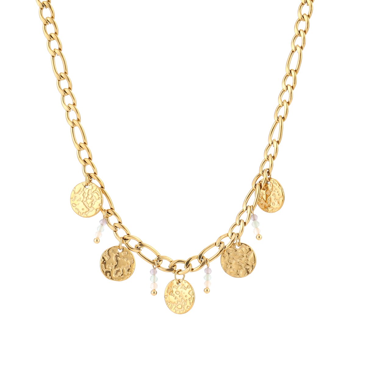 Schakel ketting met cirkels en kraaltjes - Yehwang - Schakel ketting dames - 40 + 5 cm - Stainless Steel (verkleurt niet!) - Waterproof - Necklace - Nikkel vrij - Kerst - Kerst cadeau - Sinterklaas cadeau - Party - Moederdag - Valentijn