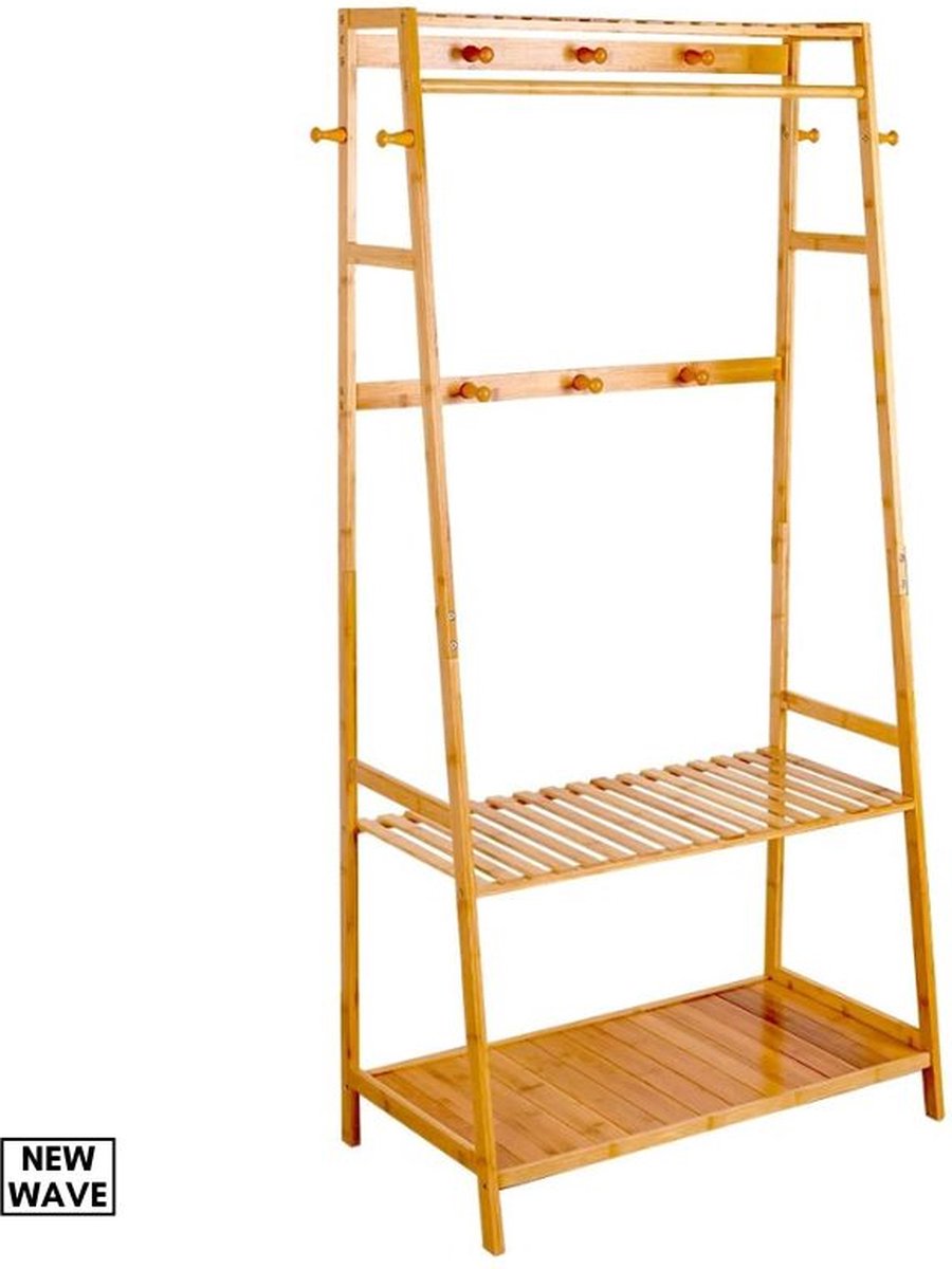 NewWave Kledingrek Bamboe Hout Met 2 Schoenenplanken Schoenenrek Kleding Organizer Fashion Multi Kapstok