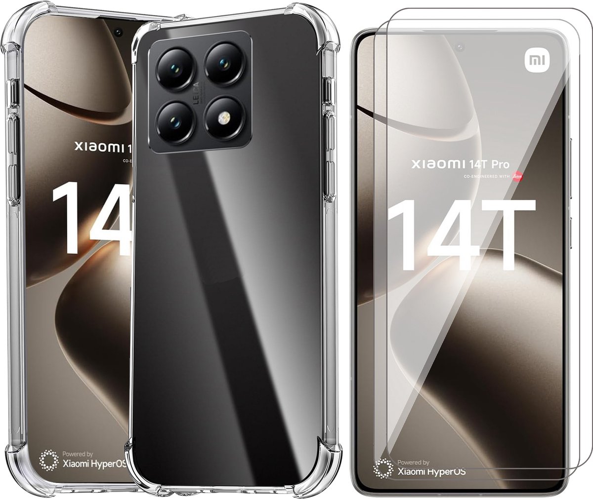 Hoesje geschikt voor Xiaomi 14T / 14T Pro - 2x Screenprotector Glas - Shockproof Transparant