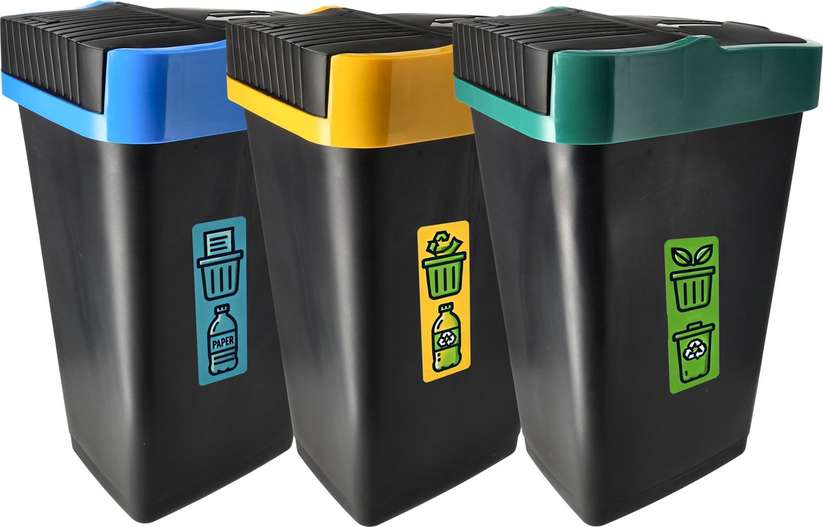 Goedkoopste Prullenbak set van 3x 18 liter - 18L Afvalscheidingsbakken met schommeldeksel - Zwart - 42x22x16 cm - Ideaal voor Afvalbeheer