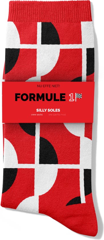 Rode sokken met een verpakkingsband waarop "FORMULE 1" staat, met een patroon van zwarte, witte en rode vlakken.