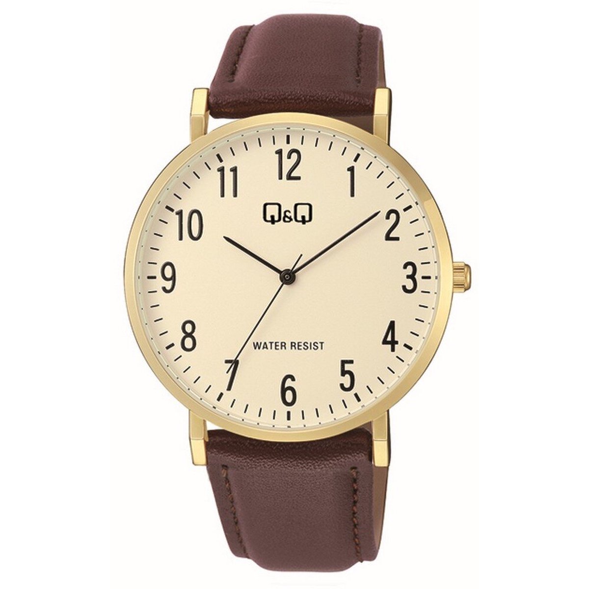 QQ C43A-004PY - Horloge - Polshorloge - Analoog - Heren - Mannen - Leren band - Rond - Metaal - Cijfers - Bruin - Goudkleurig