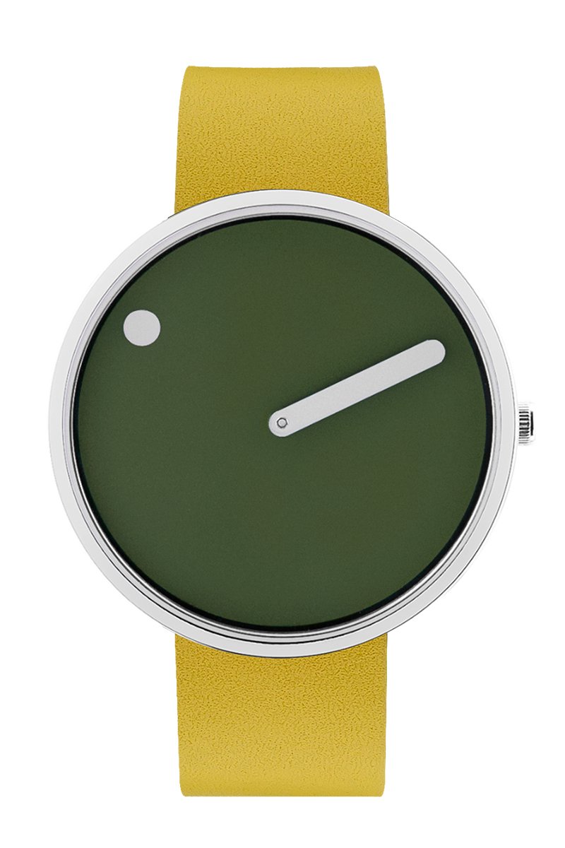 Picto Design Horloge Olijfgroene Wijzerplaat, Kanarie Gele Lederen Horlogeband 43396-6120S - Uniseks - 40mm