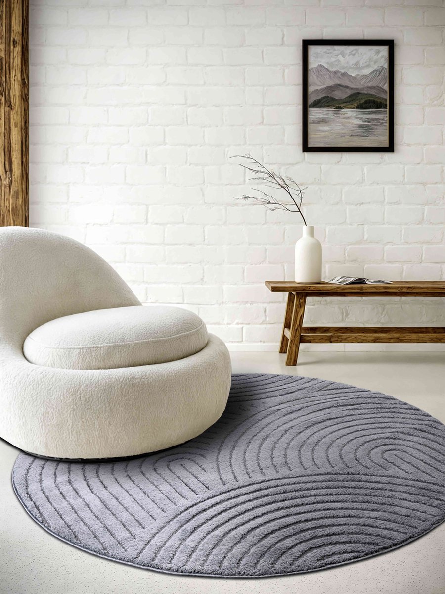 Elle Decoration Rond Japandi vloerkleed laagpolig - New York Design - Panglao Antraciet 160cm rond Ø