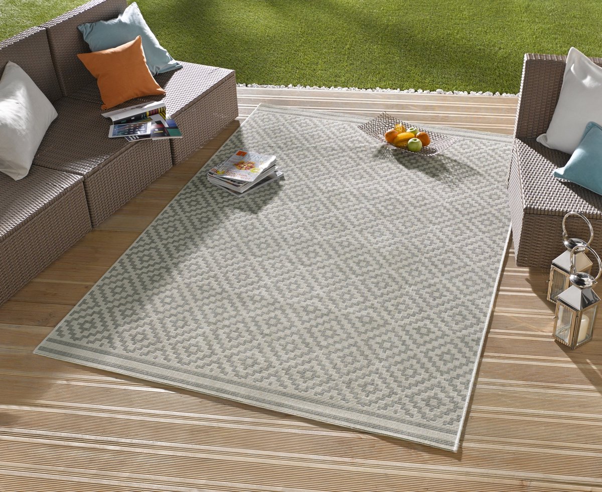 Flycarpets Laagpolig vloerkleed - Binnen en buitenkleed - Raute - Grijs / Creme 160x230 cm