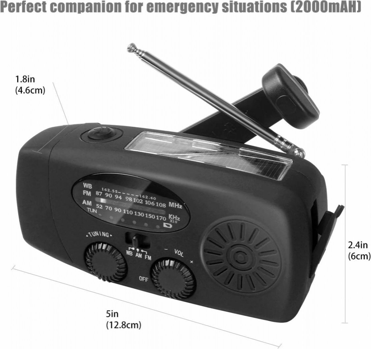 Noodradio Met Handopwind, Zonne-energie, NOAA/AM/FM, Zaklamp, SOS-alarm En Powerbank – 37000mWh