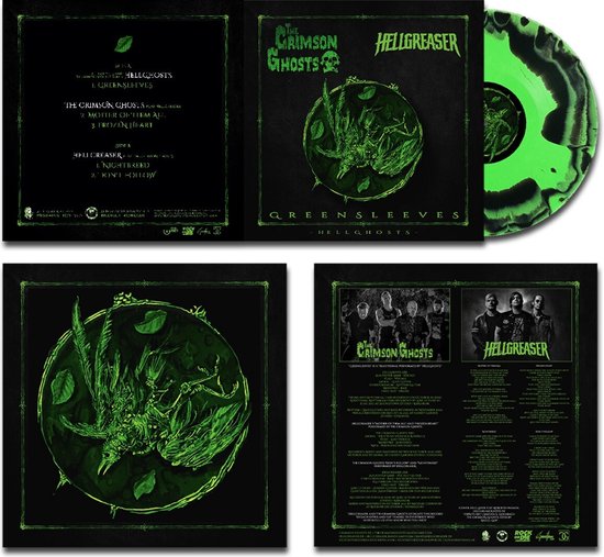 Pochette du vinyle "Greensleeves" avec logos The Crimson Ghosts et Hellgreaser, image d'un oiseau vert et vinyle moucheté vert et noir.