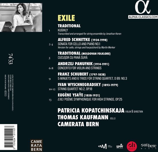 CD-hoes met Patricia Kopatchinskaja die viool speelt. Titel: EXILE. Tracklist en artiesten vermeld.