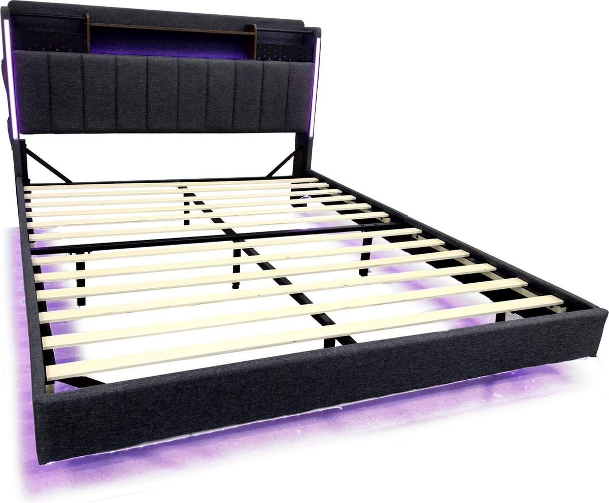 Merax Gestoffeerd Bed 160x200 cm – Grijs Linnen - LED Verlichting - USB Laadfunctie - Opbergruimte in Hoofdbord - Modern Schwebend Design