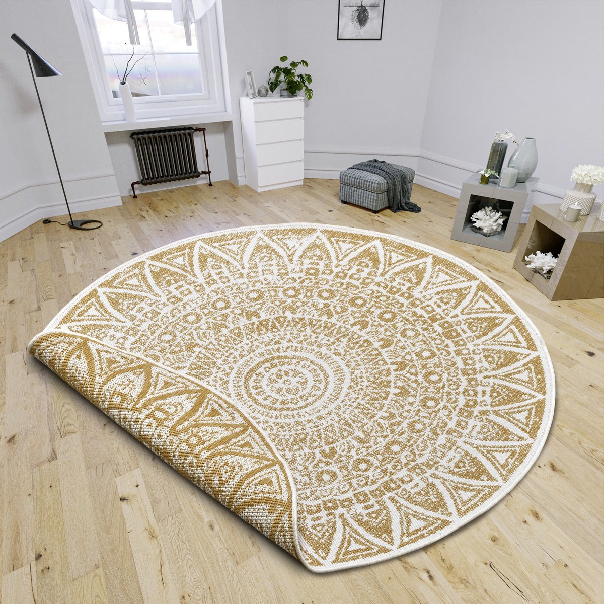 Flycarpets Laagpolig Rond Vloerkleed - Omkeerbaar Binnen en Buitenkleed - Okergeel 240cm rond Ø