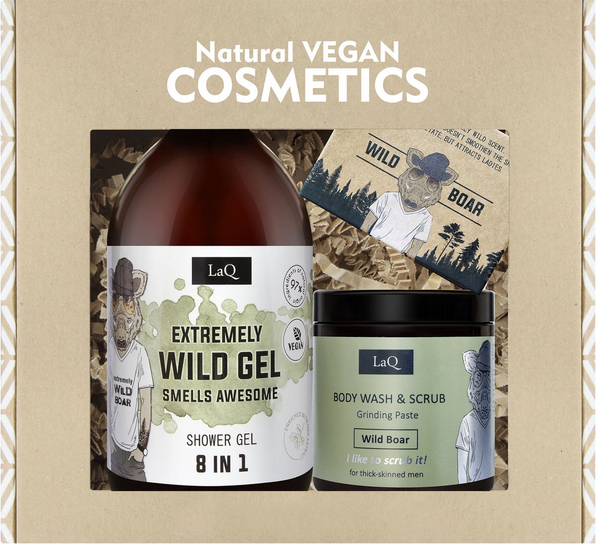 LaQ Wild Boar Cadeaus Mannen – Vegan Geschenkset met Shower Gel + Body Scrub Paste + Soap Bar – Natuurlijke Mannen Cadeautjes – 815g