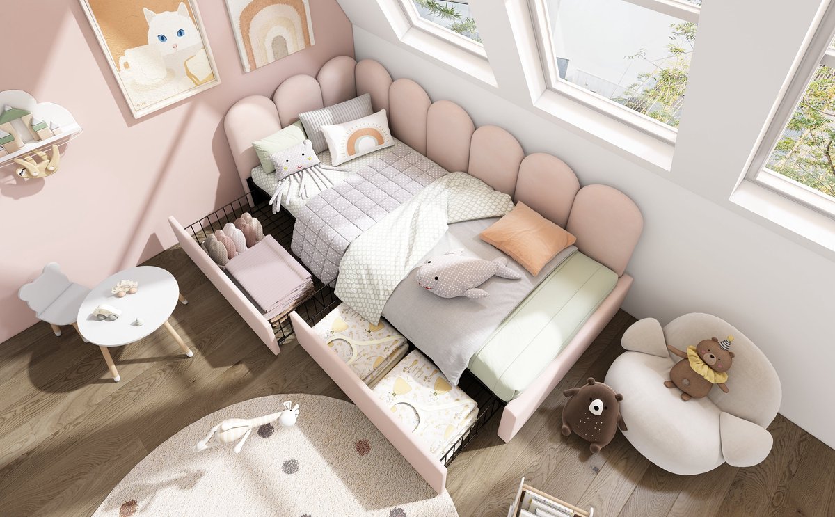 Merax Polsterbett Einzelbett mit Schubladen Stauraumbett Samt Daybett Tagesbett Schlafsofa 90x190cm mit Lattenrost Jugendbett und Erwachsene Kinderbett,Rosa(Ohne Matratze)