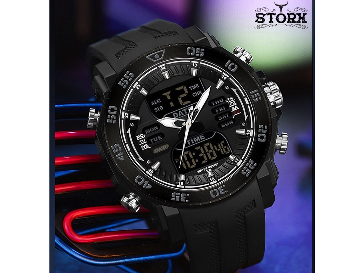 Horloge - Stoer - Mannen - Waterproof - Rubberen band - Kerst - Zwart - Trendy - Military watch - Smael - Cadeau Tip