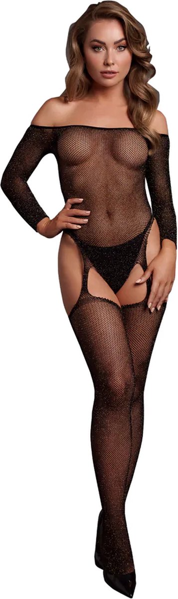 Glimmende bodystocking met blote schouders