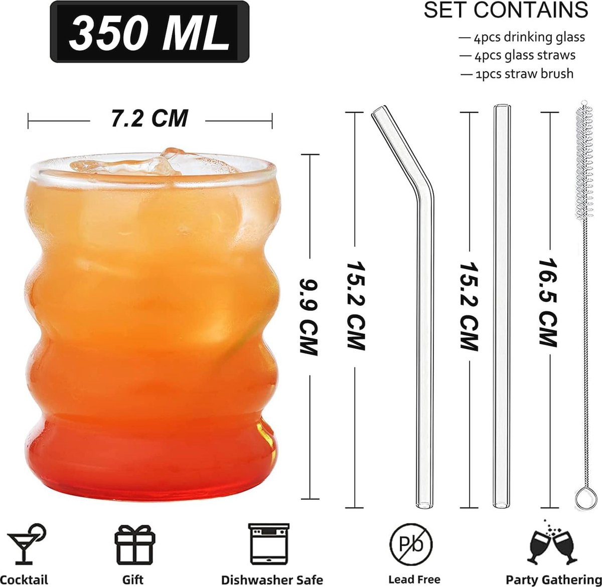 MUJUZE Latte Macchiato glazenset met 6 grote stapelbare glazen, ideaal voor ijskoffie, ijs en desserts, vintage stijl, geribbeld, 320 ml