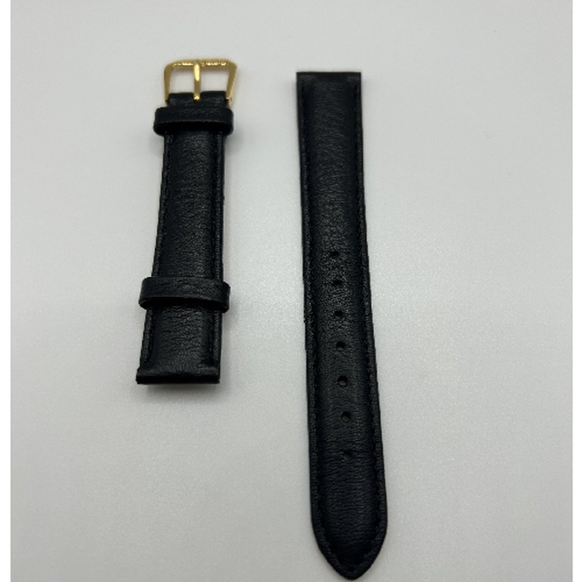 Horlogeband-Model B45-dames-heren-zwart-16 millimeter-juweliers kwaliteit-leder-soepel-goudkleurige gesp